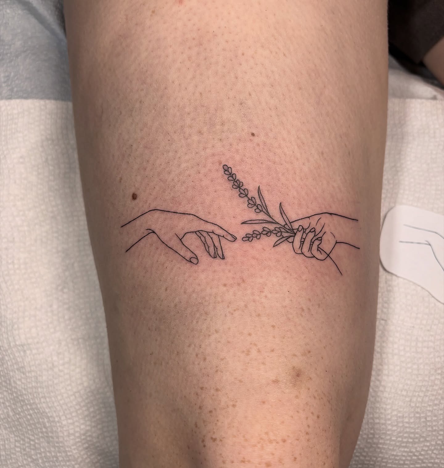 Hands and lavender fine line tattoo on the forearm by Fineline tattoos by Kinsey