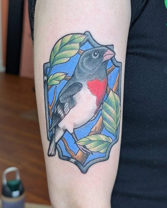 Rose finch geometric tattoo on the forearm by Ricefu Art & Tattoo