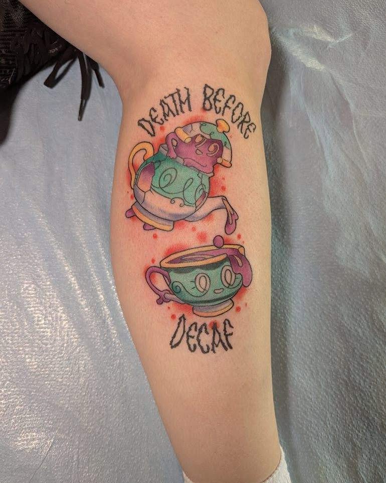 Coffee cups watercolor tattoo on the forearm by Ricefu Art & Tattoo