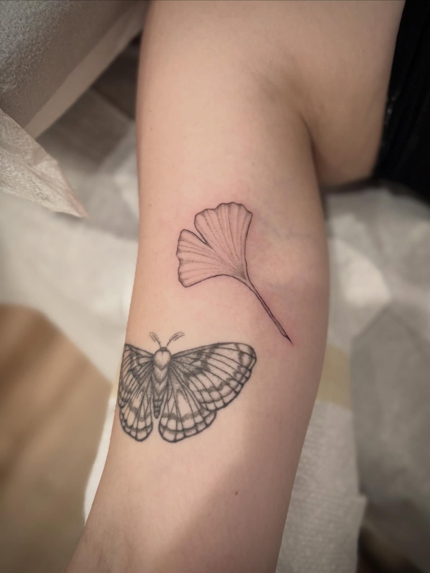 Butterfly and leaf realism tattoo on the forearm by Daniel Anthony, Philadelphia, Pennsylvania