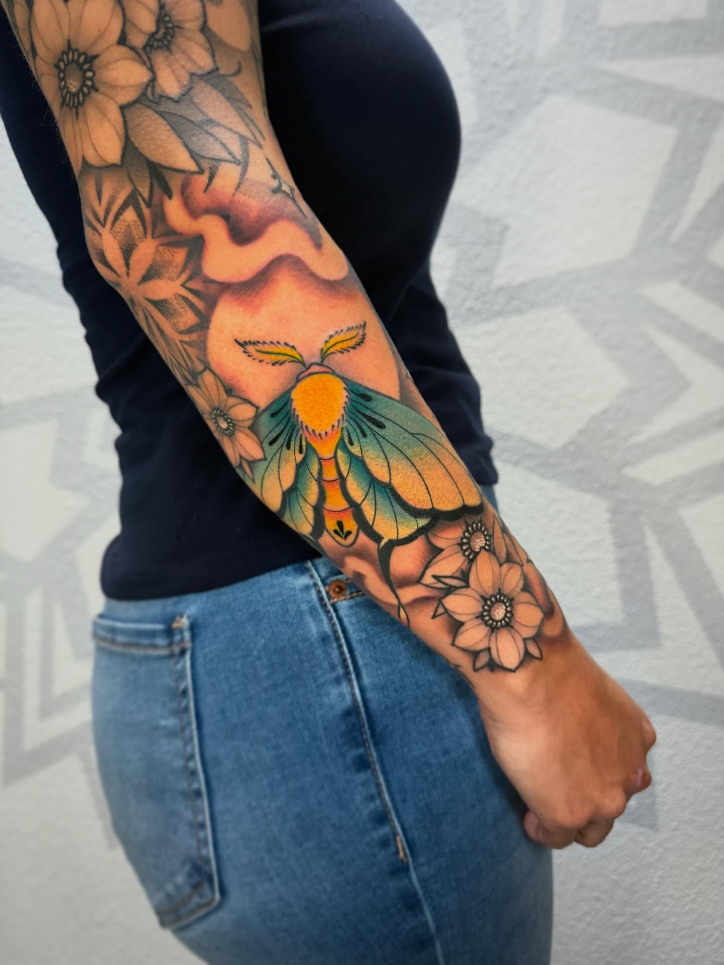 Butterfly and flowers new school tattoo on the forearm by Las Vegas Tattoo Artist, Las Vegas, Nevada