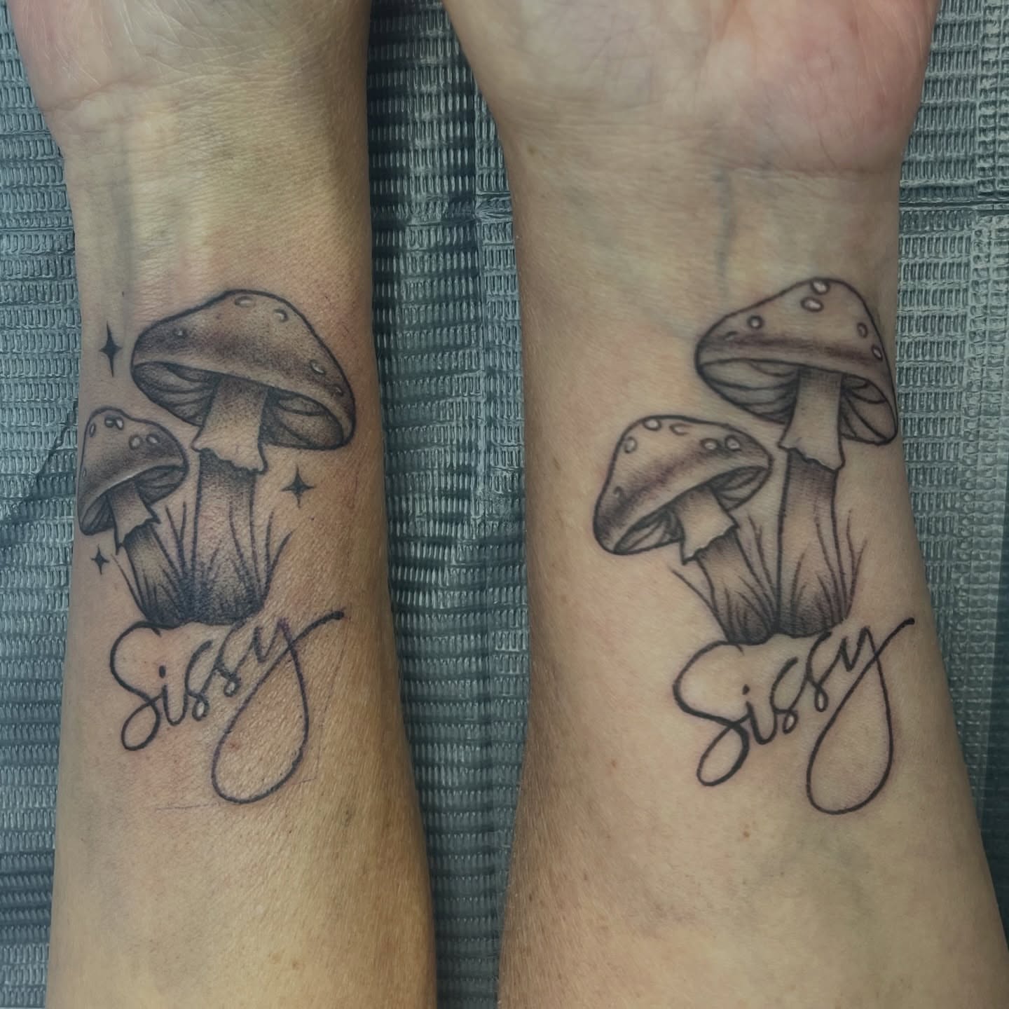Mushrooms black and grey tattoo on the forearm by Anya💋~NC Tattoo Artist