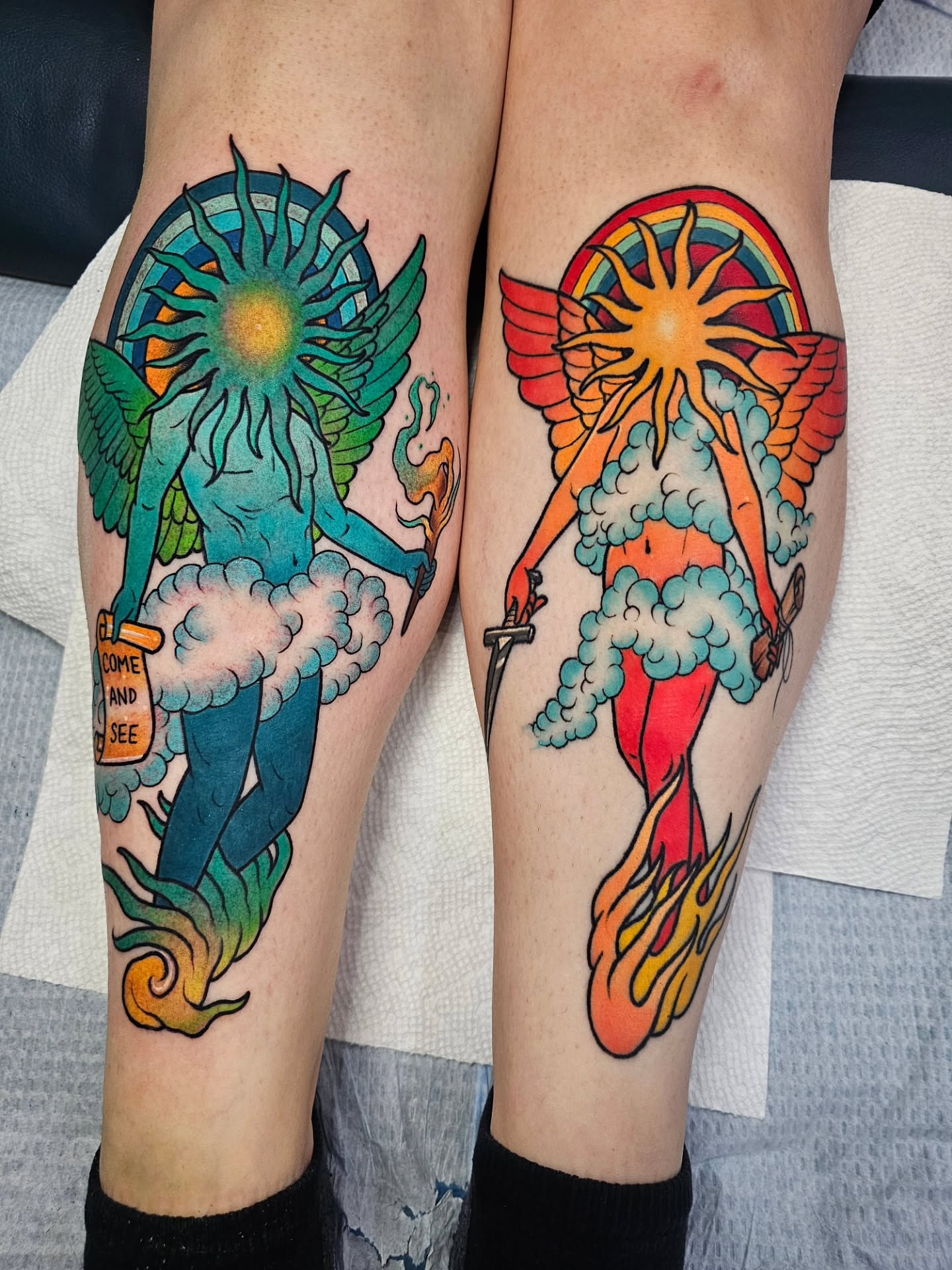 Angels American traditional tattoo on the leg by Shannon