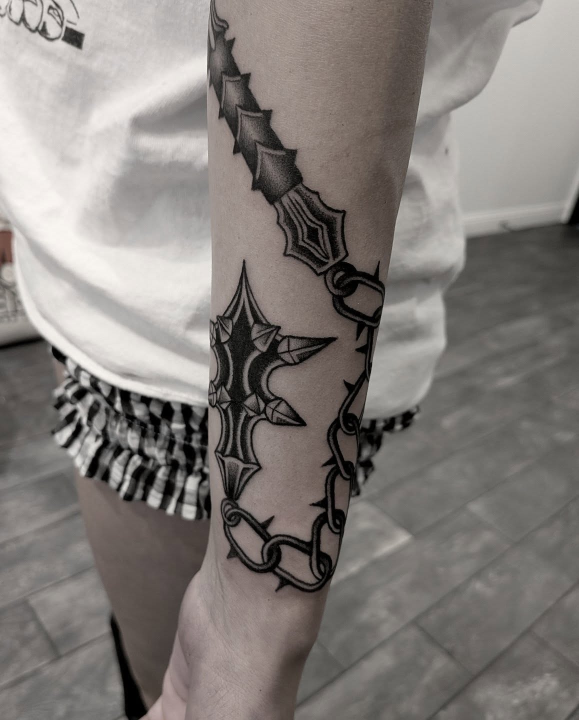Tattoo by @darkdaystattoos — black_and_grey, geometric