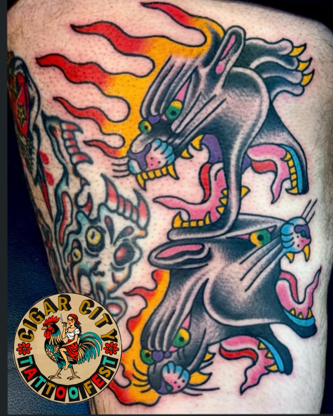 Rabbit and flames American traditional tattoo on the thigh by Sam Hambrick, Watchung NJ