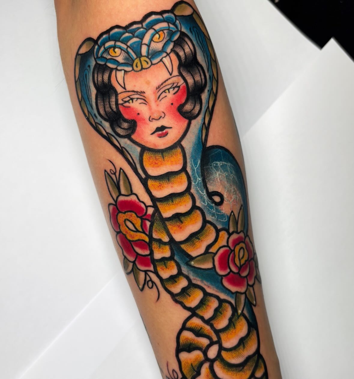 Geisha with snake American traditional tattoo on the forearm by ✶ 𝑺𝑰𝑳𝑽𝑨𝑵𝑨