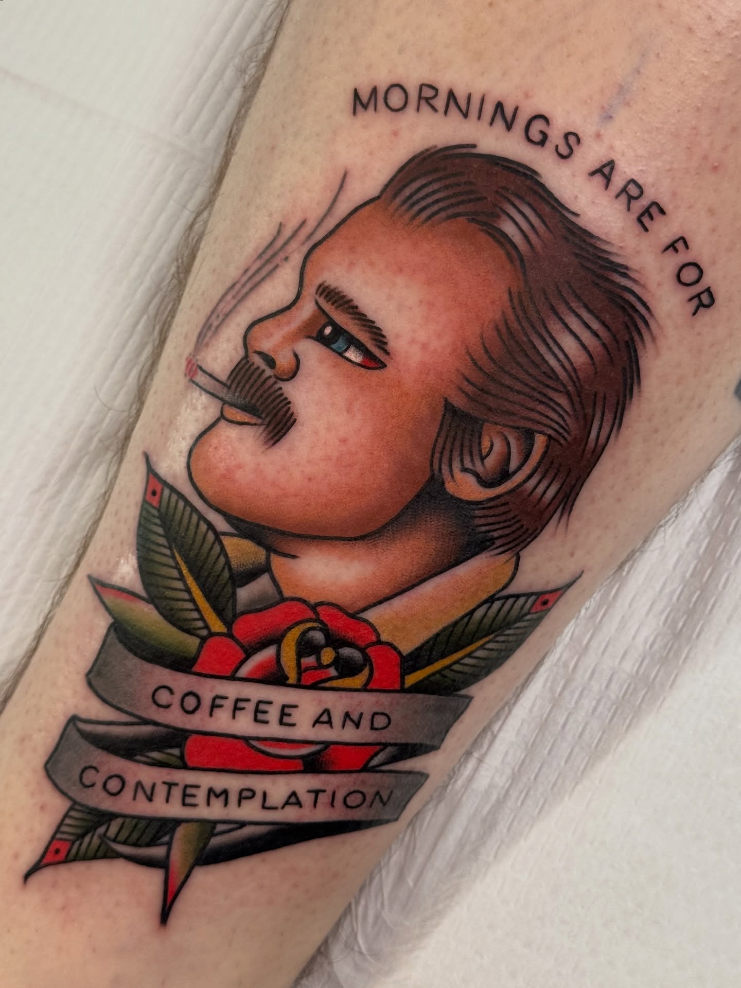 Coffee and contemplation American traditional tattoo on the forearm by Cory Craft