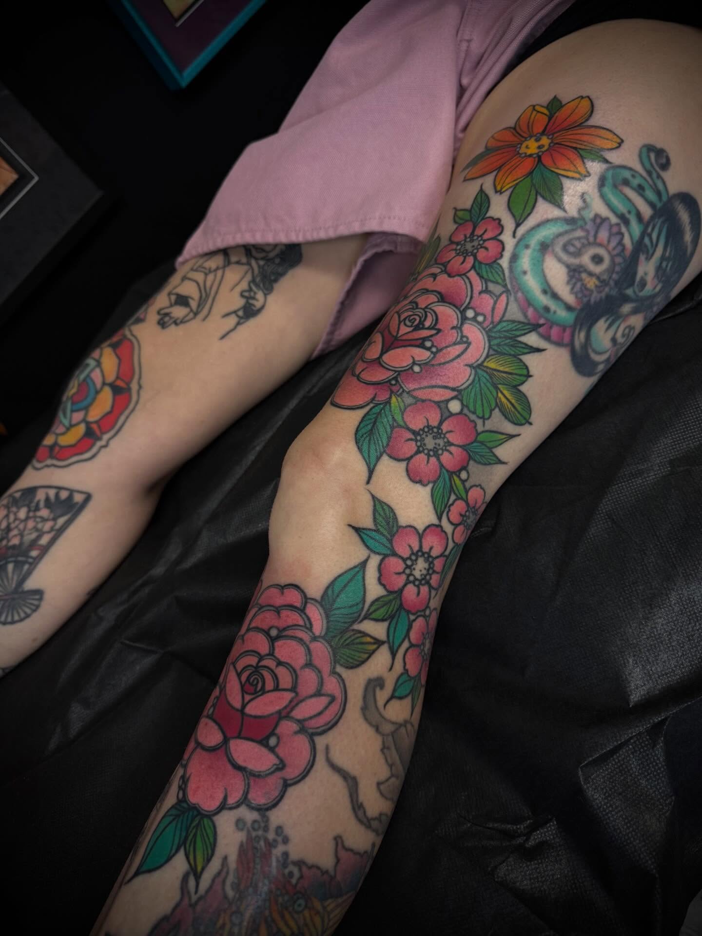Floral bouquet American traditional tattoo on the forearm by M A R I B e T H▪️k L A A R