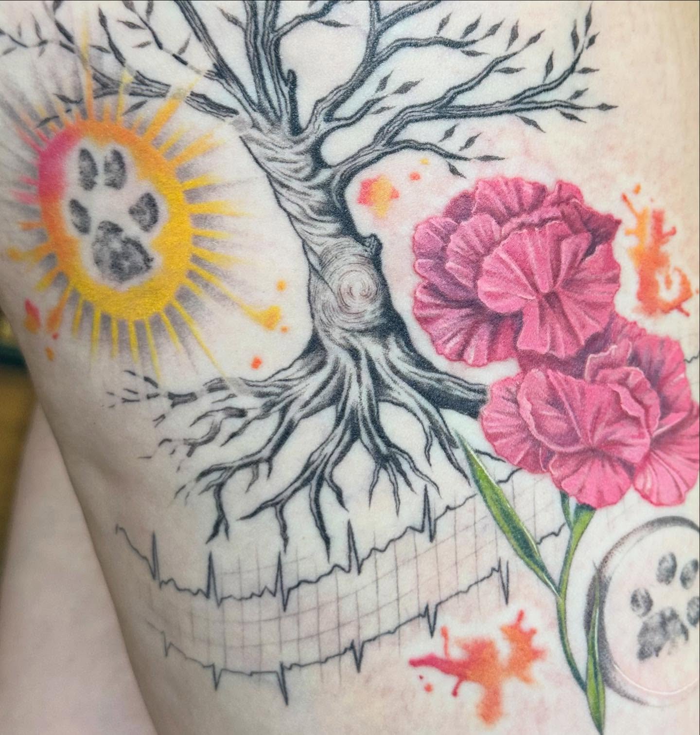 Tree with flowers dotwork tattoo on the forearm by Sarah Nash