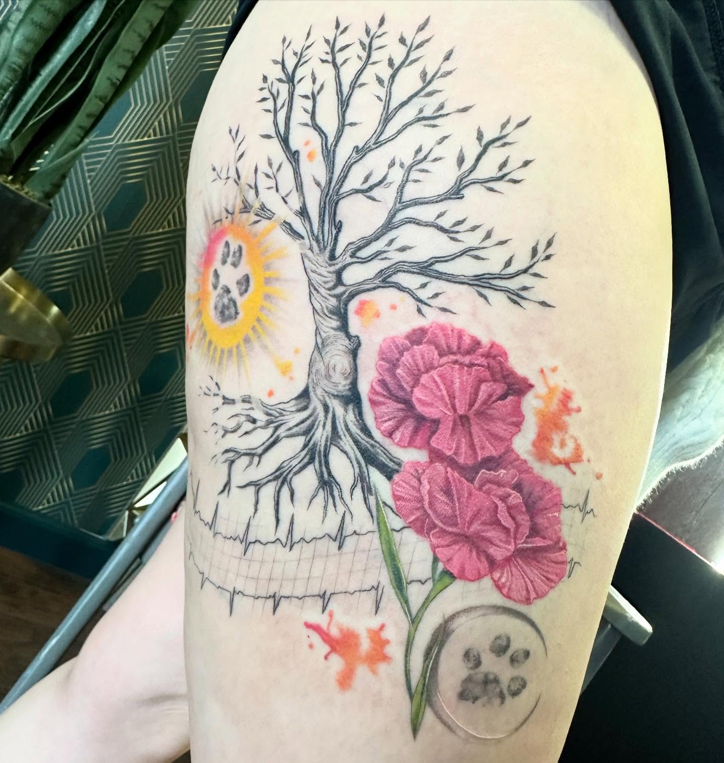 Tree with flowers dotwork tattoo on the forearm by Sarah Nash