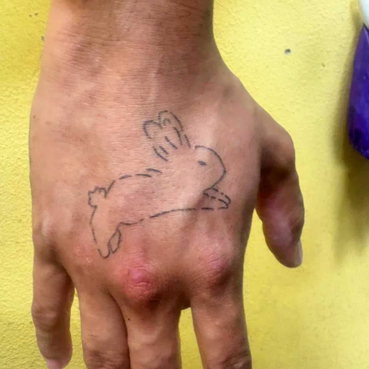 Rabbit minimalist tattoo on the hand by Alyssa