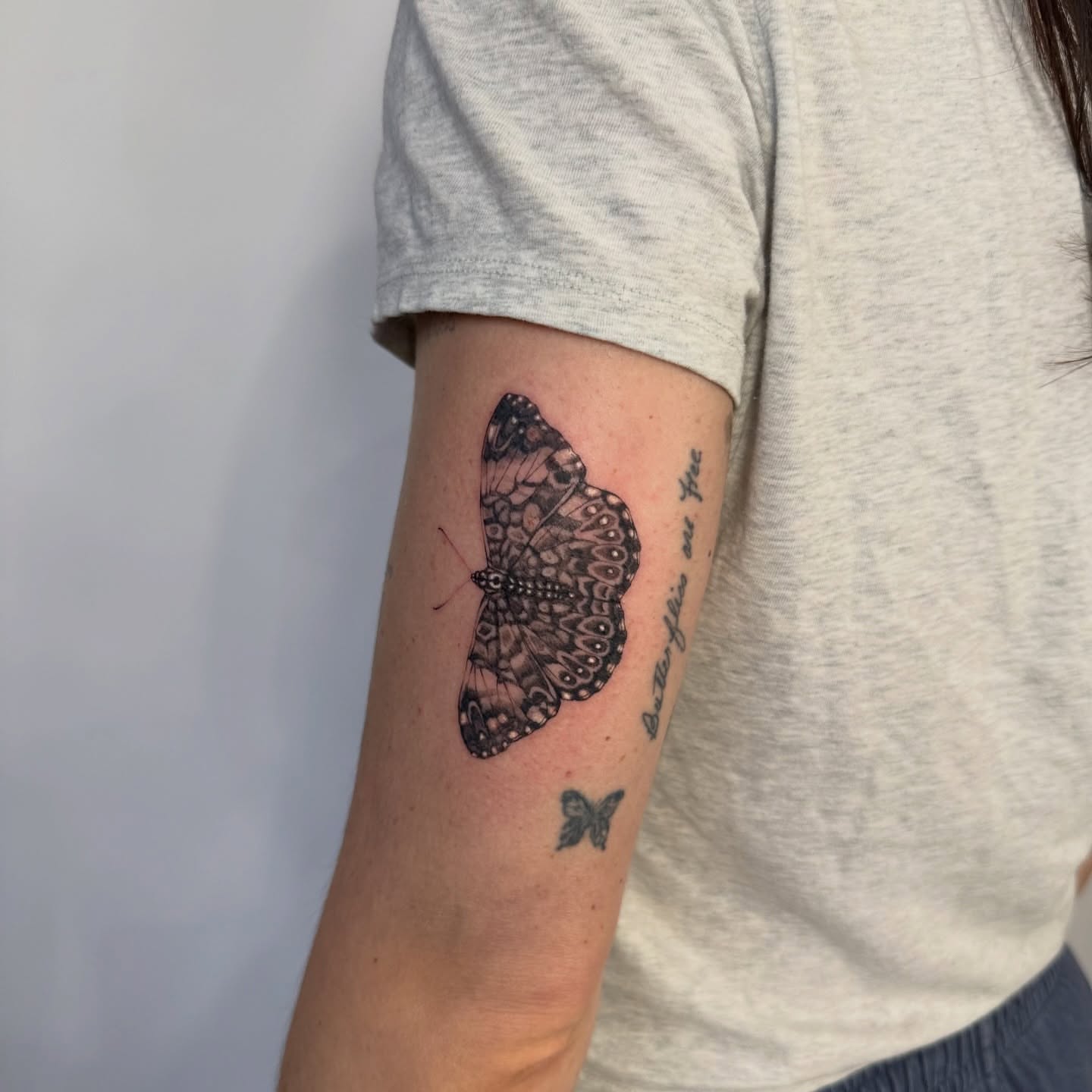 Butterfly black and grey tattoo on the forearm by bre