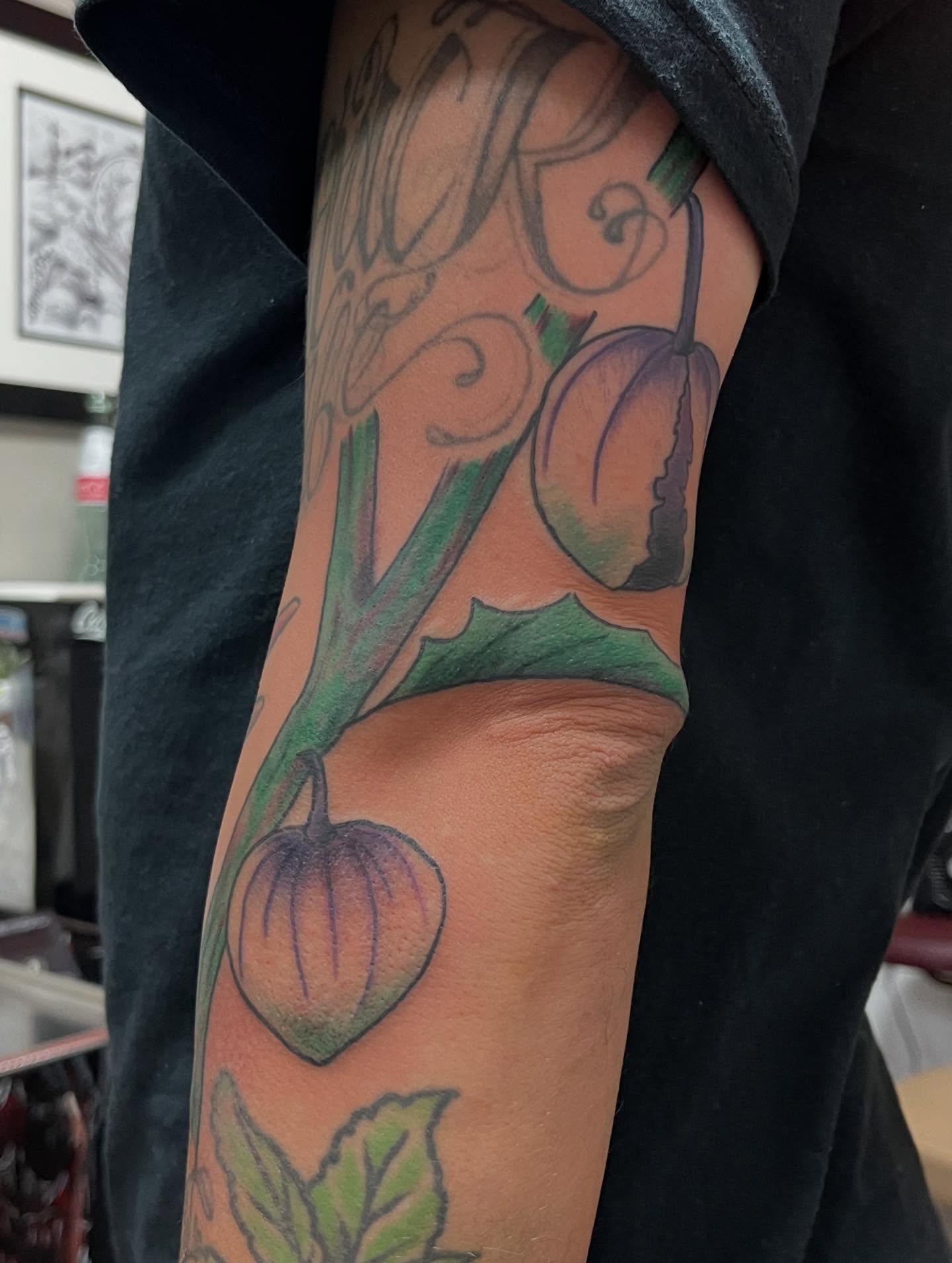 Peach and leaves realism tattoo on the forearm by Franky Sharpz