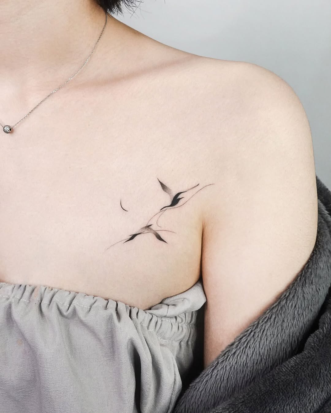 Two birds and moon cyber sigilism tattoo on the shoulder by 초현실과 현실 그 사이를 그리다.