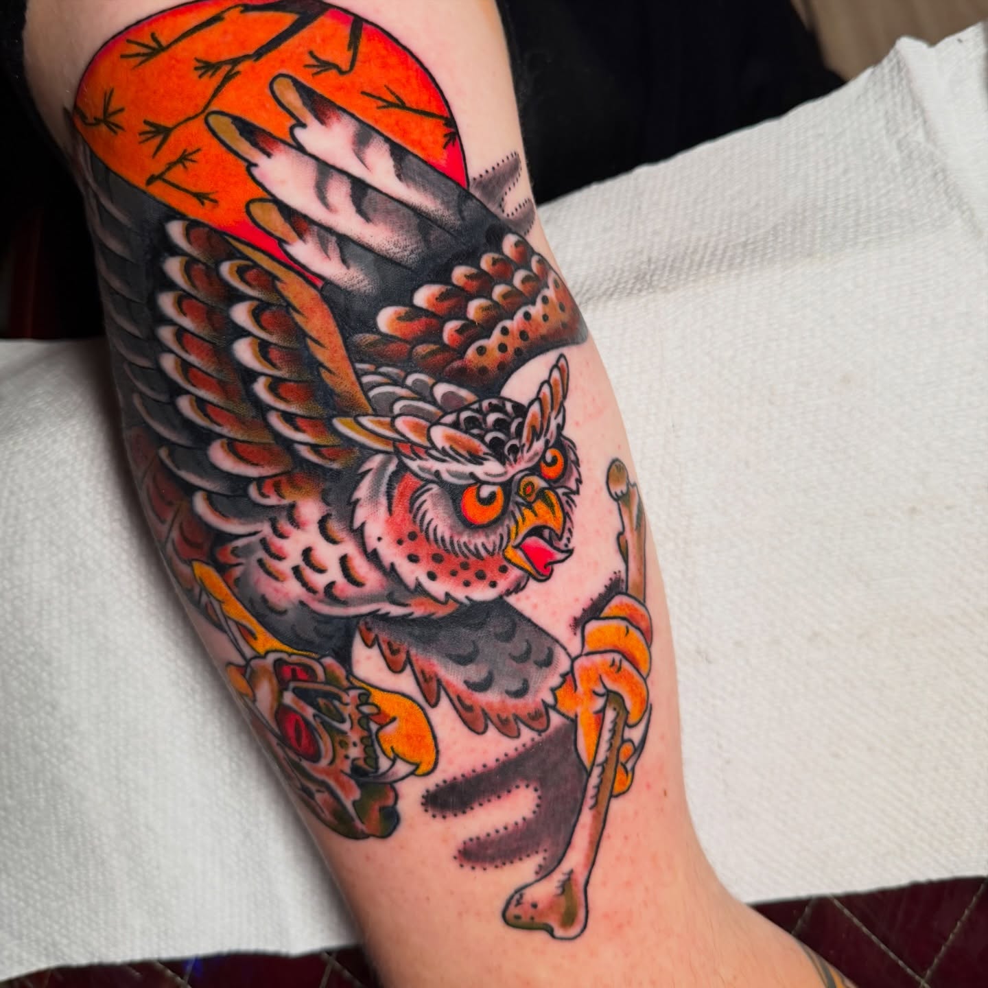 Owl American traditional tattoo on the forearm by πππ’π―π’π¨ πππΆπ©π¬π―π, Manchester, New Hampshire