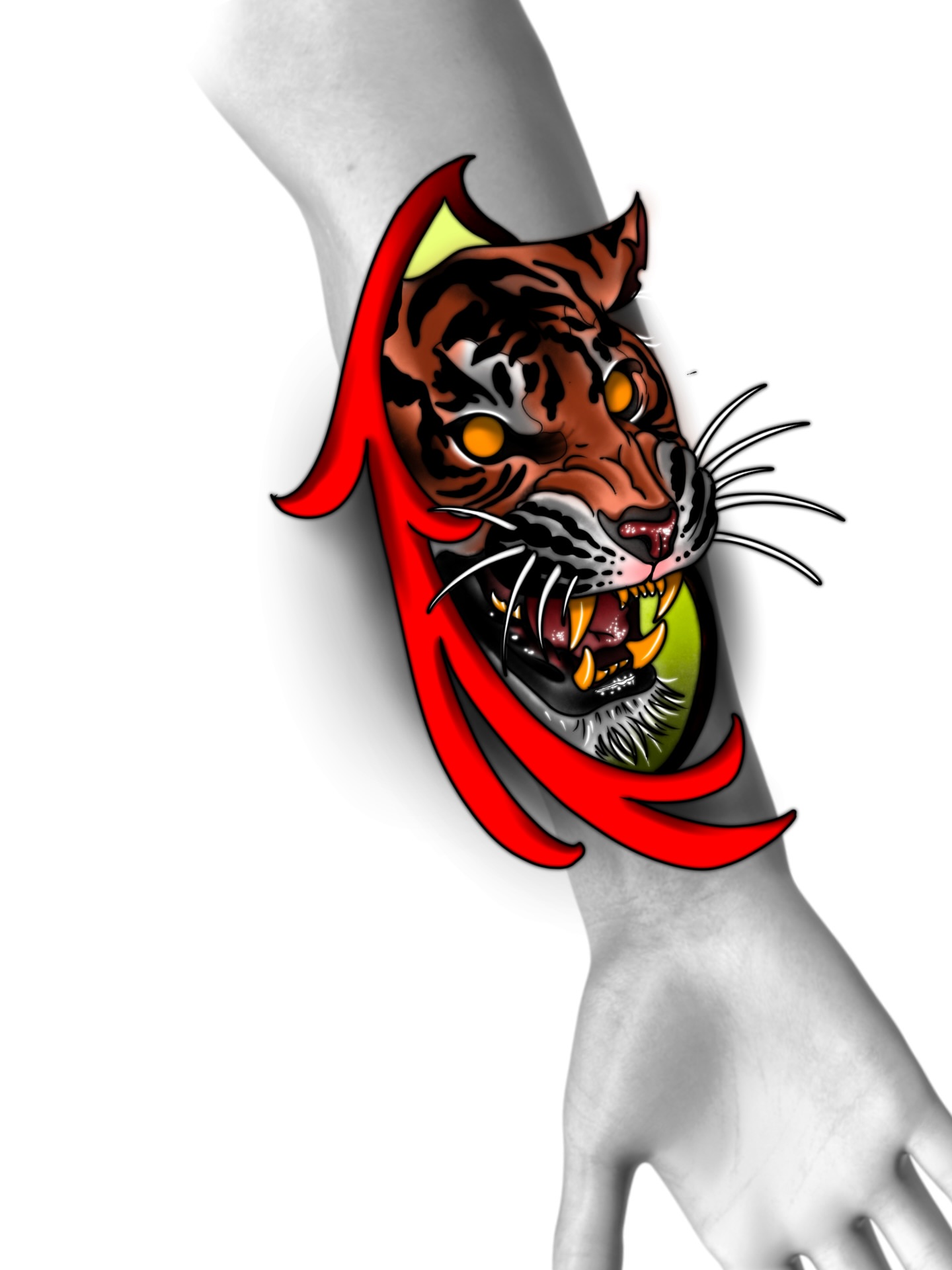 Tiger head American traditional tattoo on the forearm by E