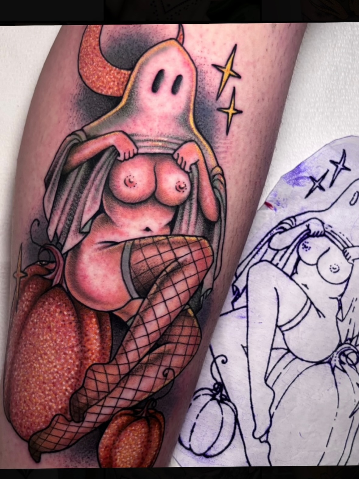 Nude woman with ghost American traditional tattoo on the forearm by π―πππππ