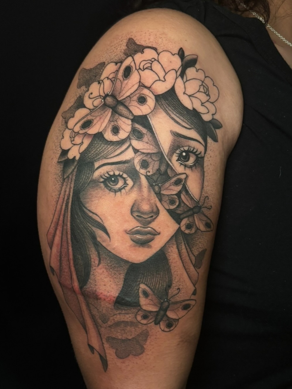 Woman with butterflies realism tattoo on the shoulder by π―πππππ