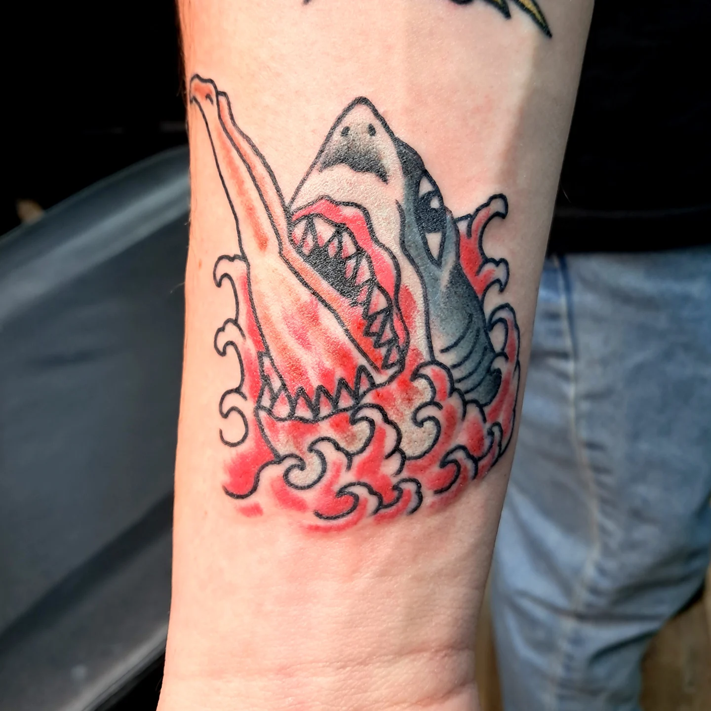 Shark American traditional tattoo on the forearm by Reb Fularz