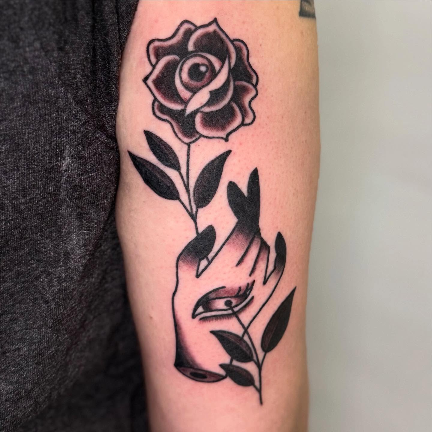 Rose and eye American traditional tattoo on the forearm by Rigo Vargas