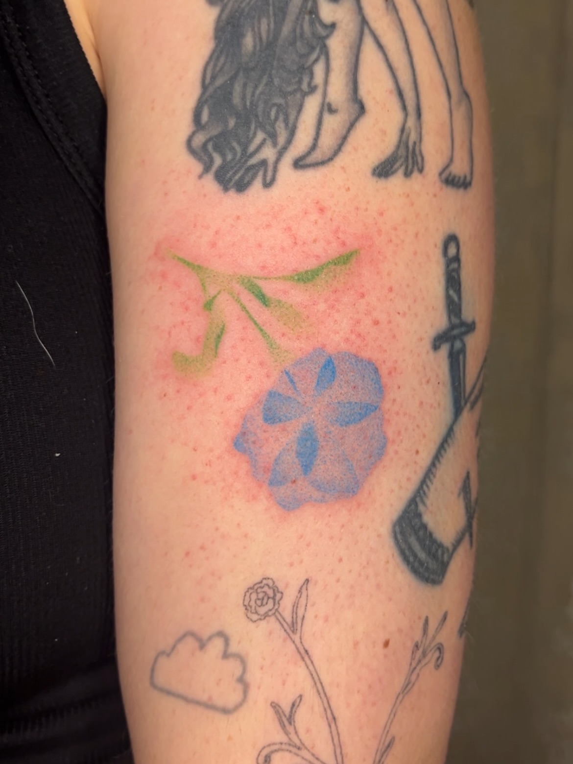 Morning glory flower watercolor tattoo on the forearm by mia
