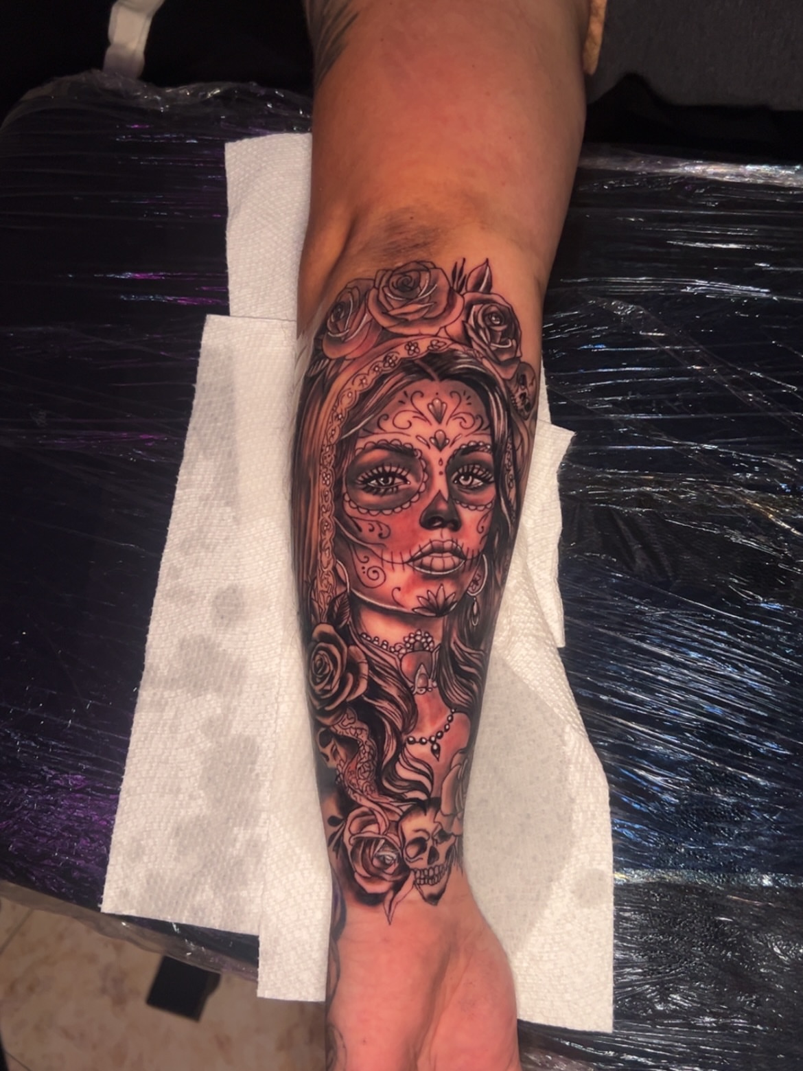 Sugar skull woman Chicano tattoo on the forearm by Bryant Ramirez