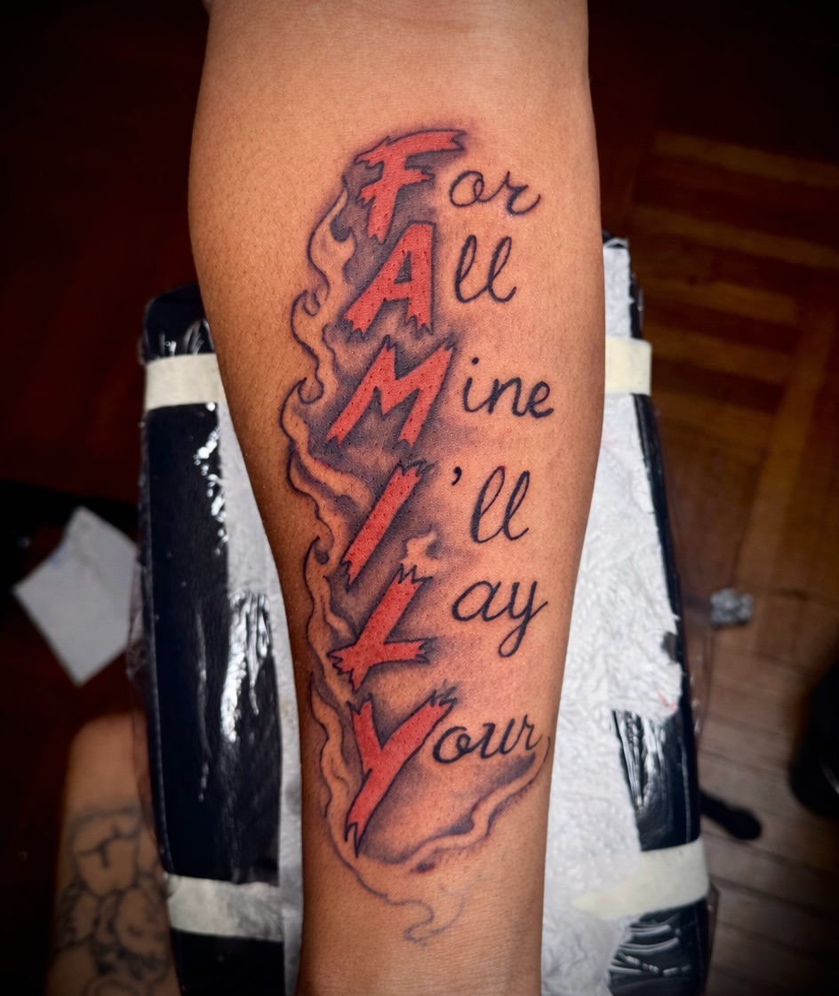 Family lettering script tattoo on the forearm by JayyeSosa