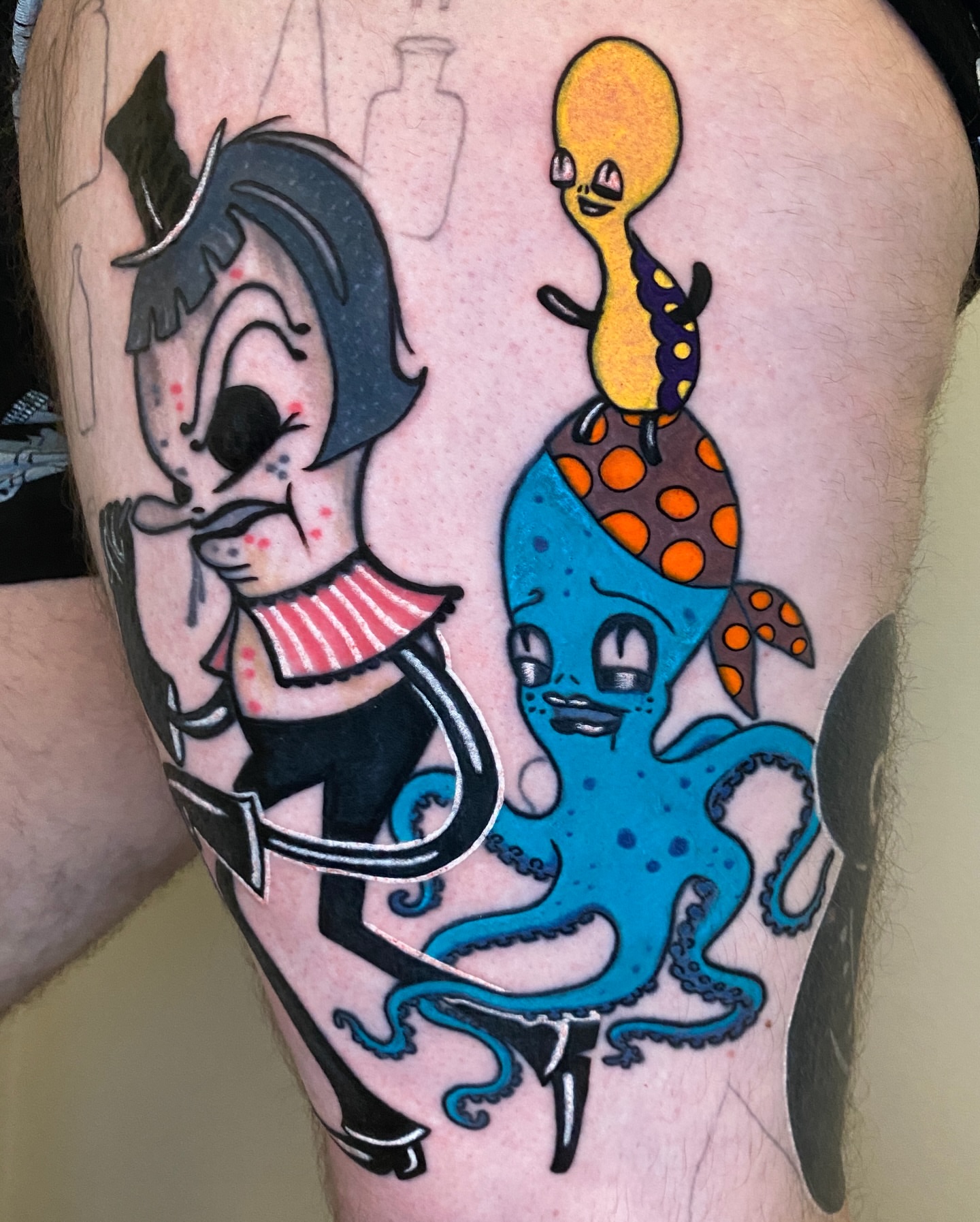 Octopus and clown dotwork tattoo on the thigh by Aidan Leery, Portland, Oregon