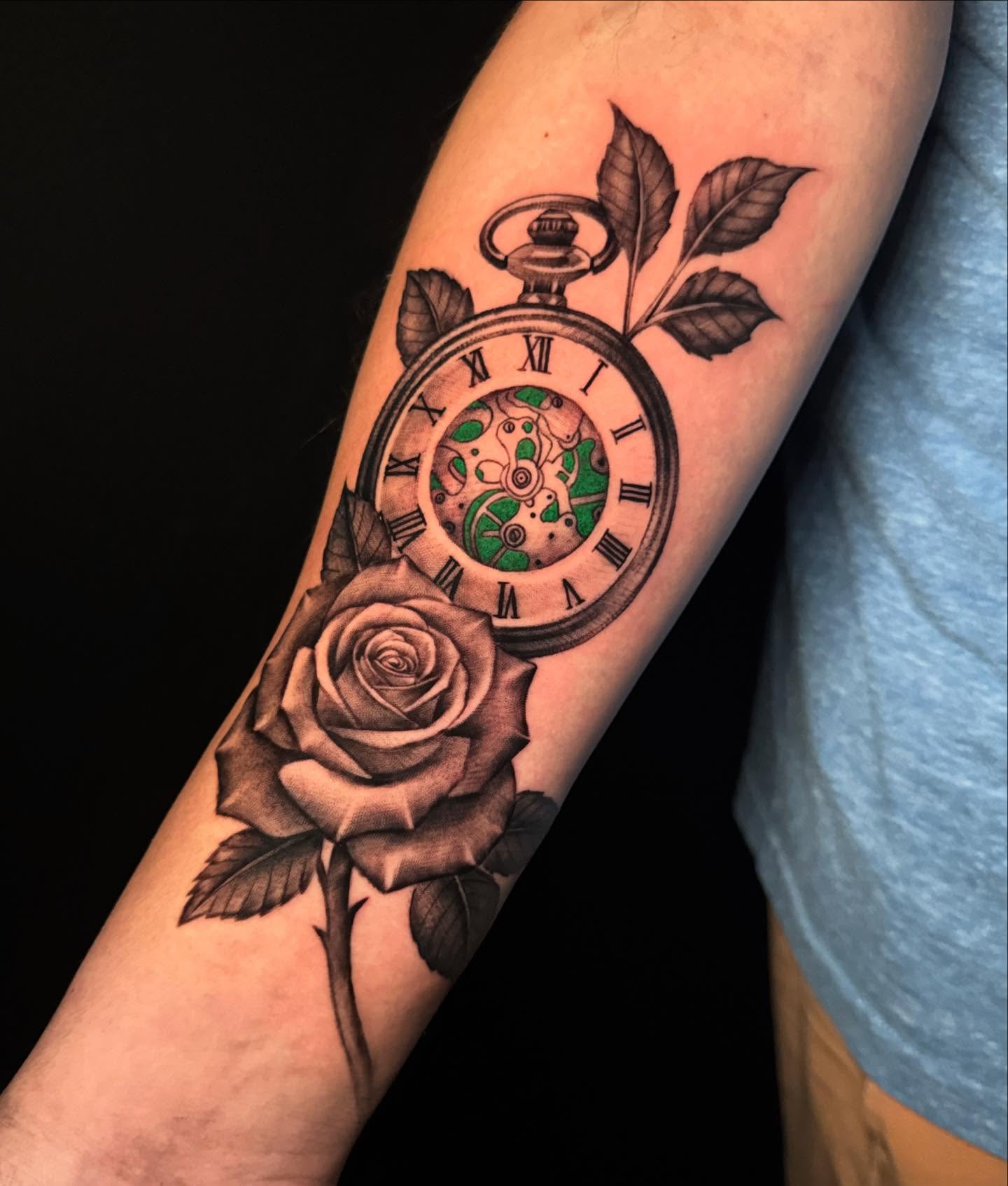 Pocket watch and rose realism tattoo on the forearm by George Maldonado Austin, Austin, Texas