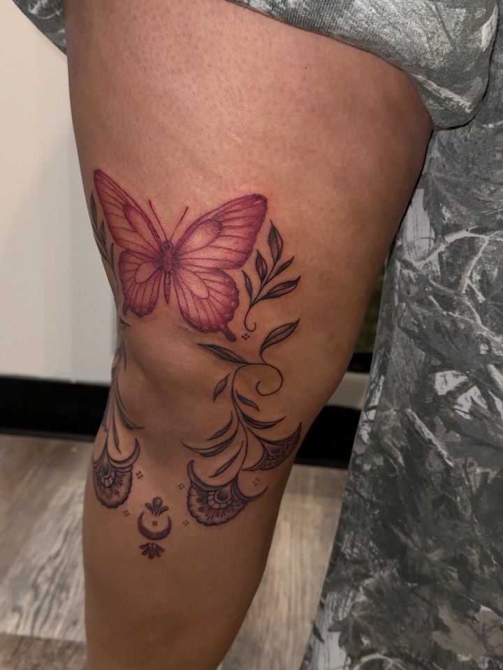 Butterfly realism tattoo on the thigh by Nathalie Briseno