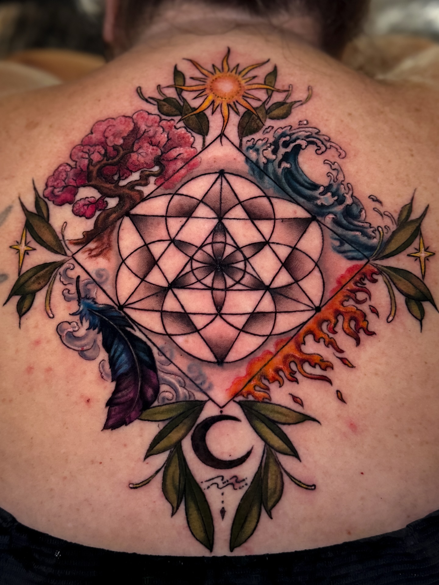 Geometric mandala geometric tattoo on the back by Cristen Aro