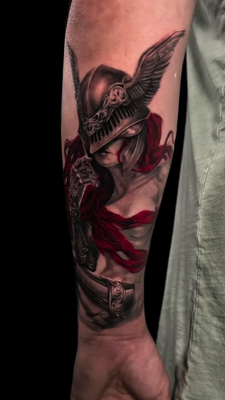 Valkyrie with sword and shield realism tattoo by Sincere