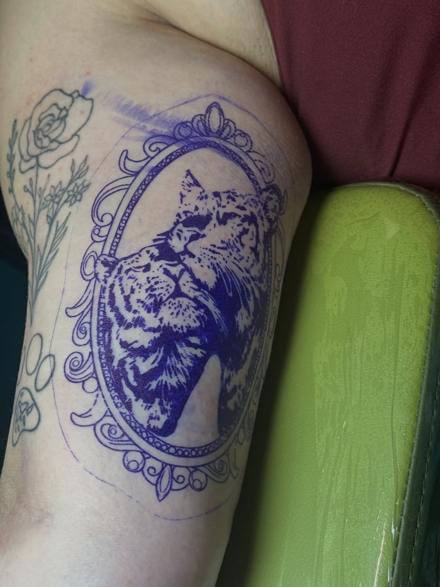 Lion in oval frame realism tattoo on the thigh by kennedy :) π±πΏ