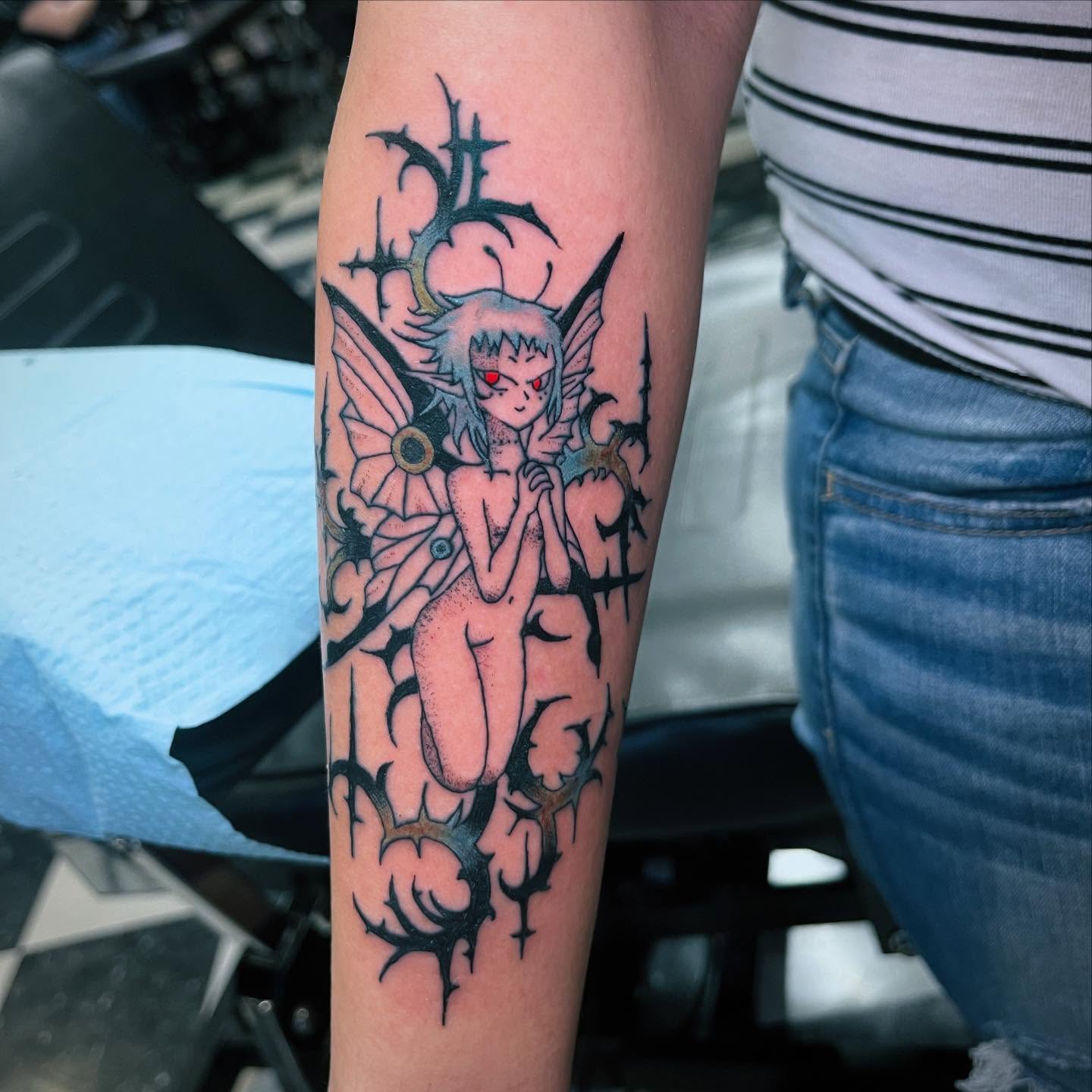 Fairy with wings dark realism tattoo on the forearm by Sean Swanson Tattoo Salem Oregon, Salem, Oregon