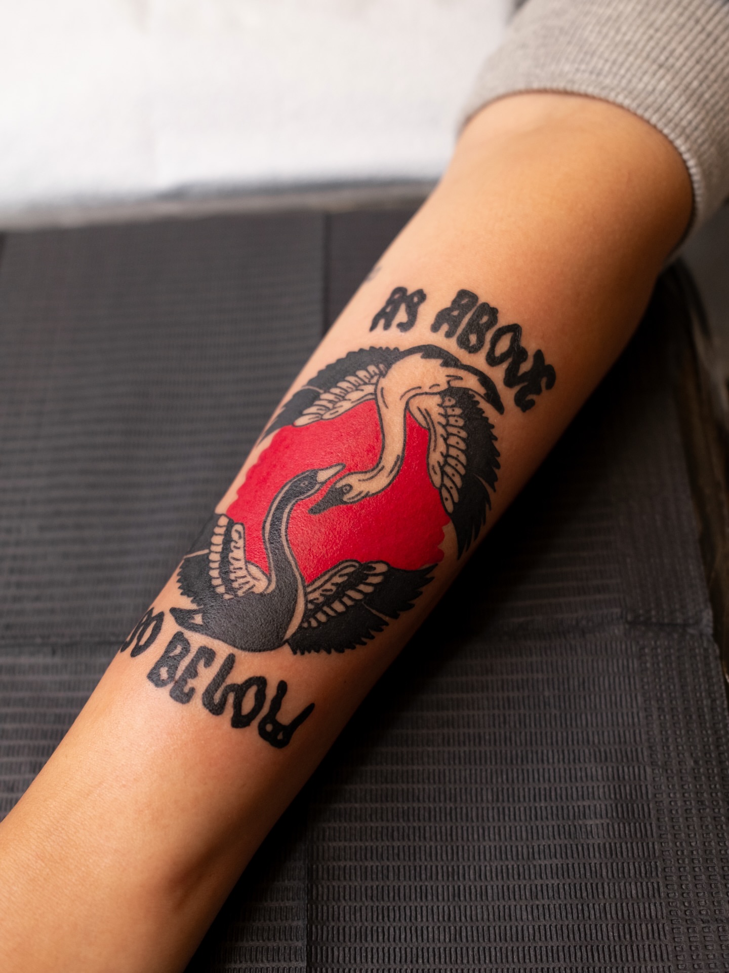 Swans and text American traditional tattoo on the forearm by Neto Velasco - Sad Cat Tattoo, Austin, Texas