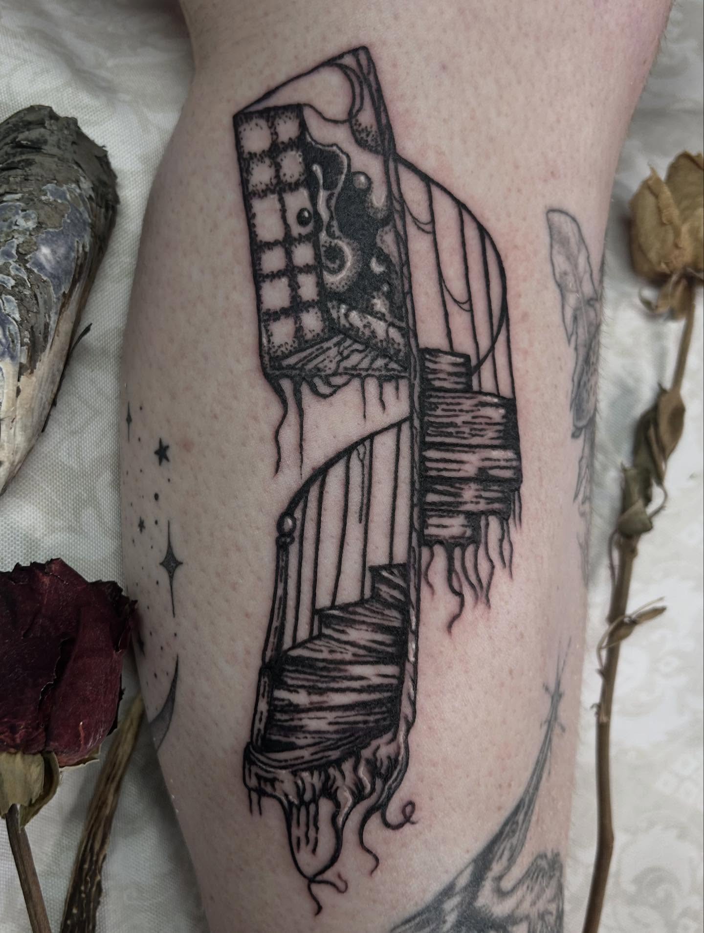 Staircase surrealism tattoo on the thigh by ๐๐๐๐๐๐ ๐๐๐๐๐๐ ๐๐๐๐๐๐
