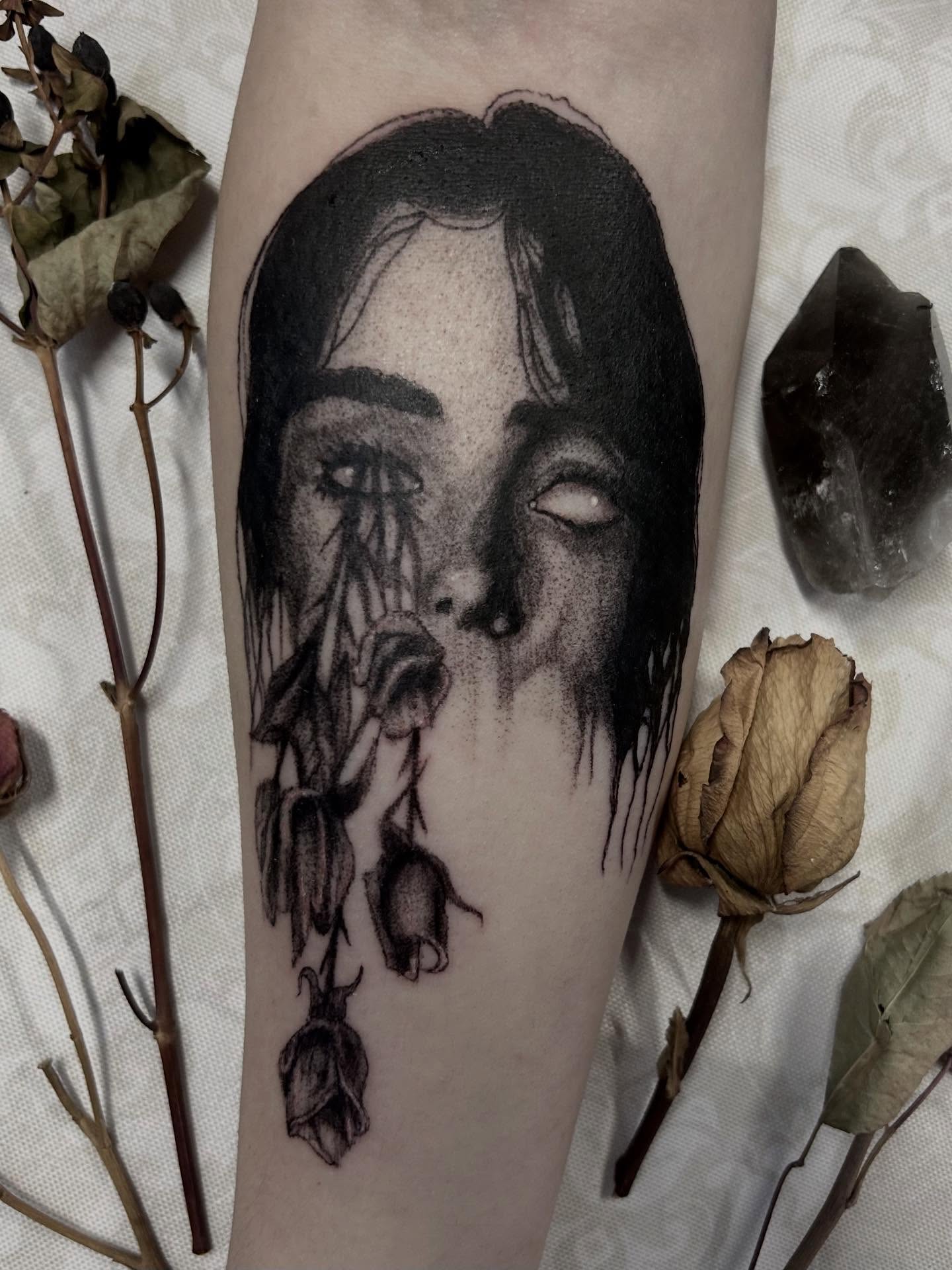 Woman with roses dotwork tattoo on the forearm by ๐๐๐๐๐๐ ๐๐๐๐๐๐ ๐๐๐๐๐๐
