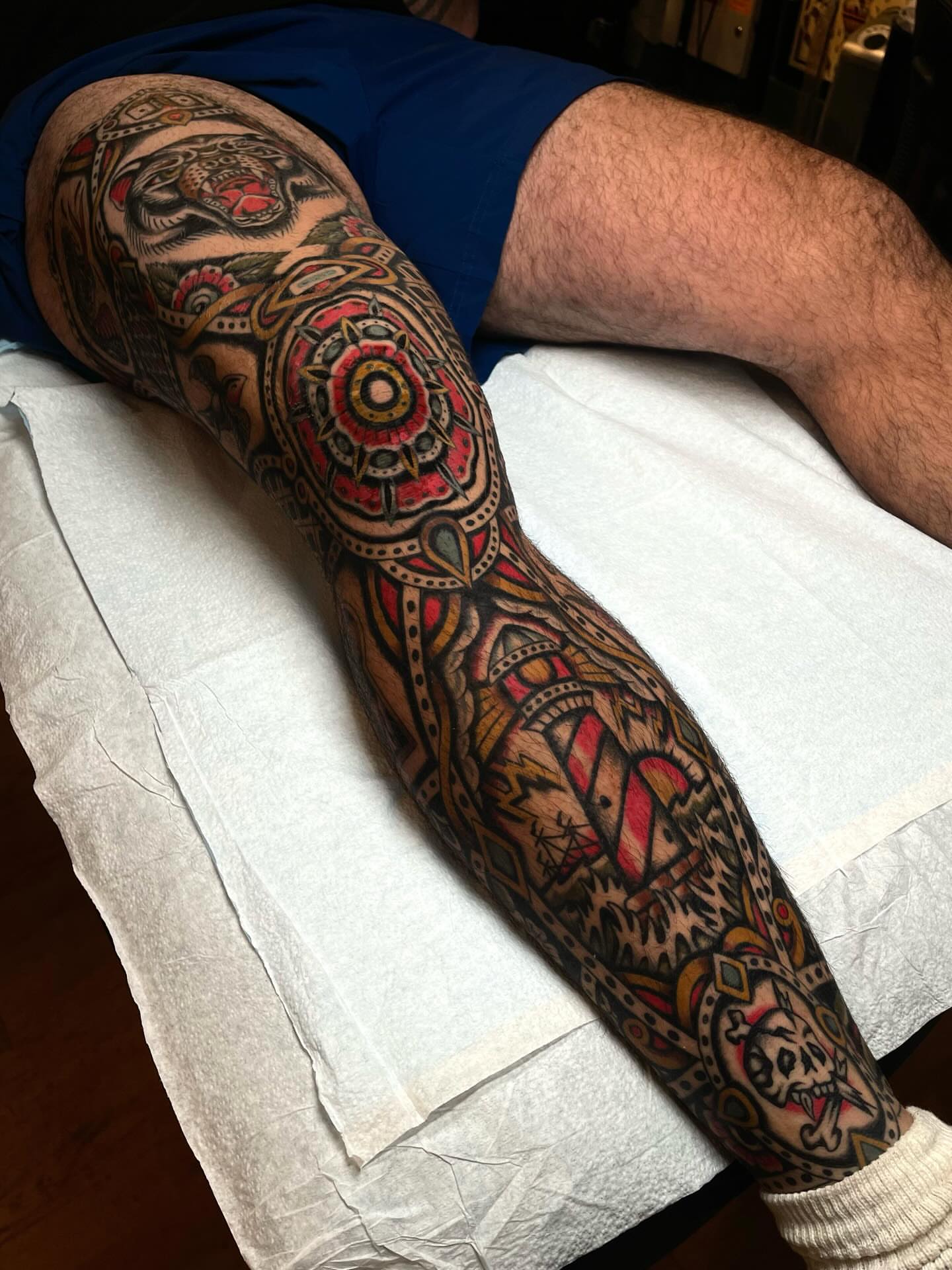 Geometric mandala geometric tattoo on the calf by Casey Sullivan, San Diego, California