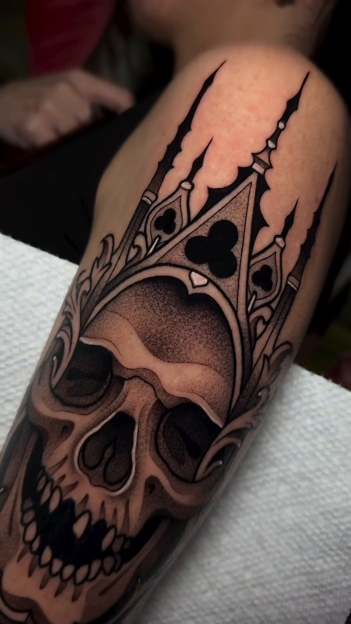 Skull with gothic architecture dark realism tattoo by Bell Bolton