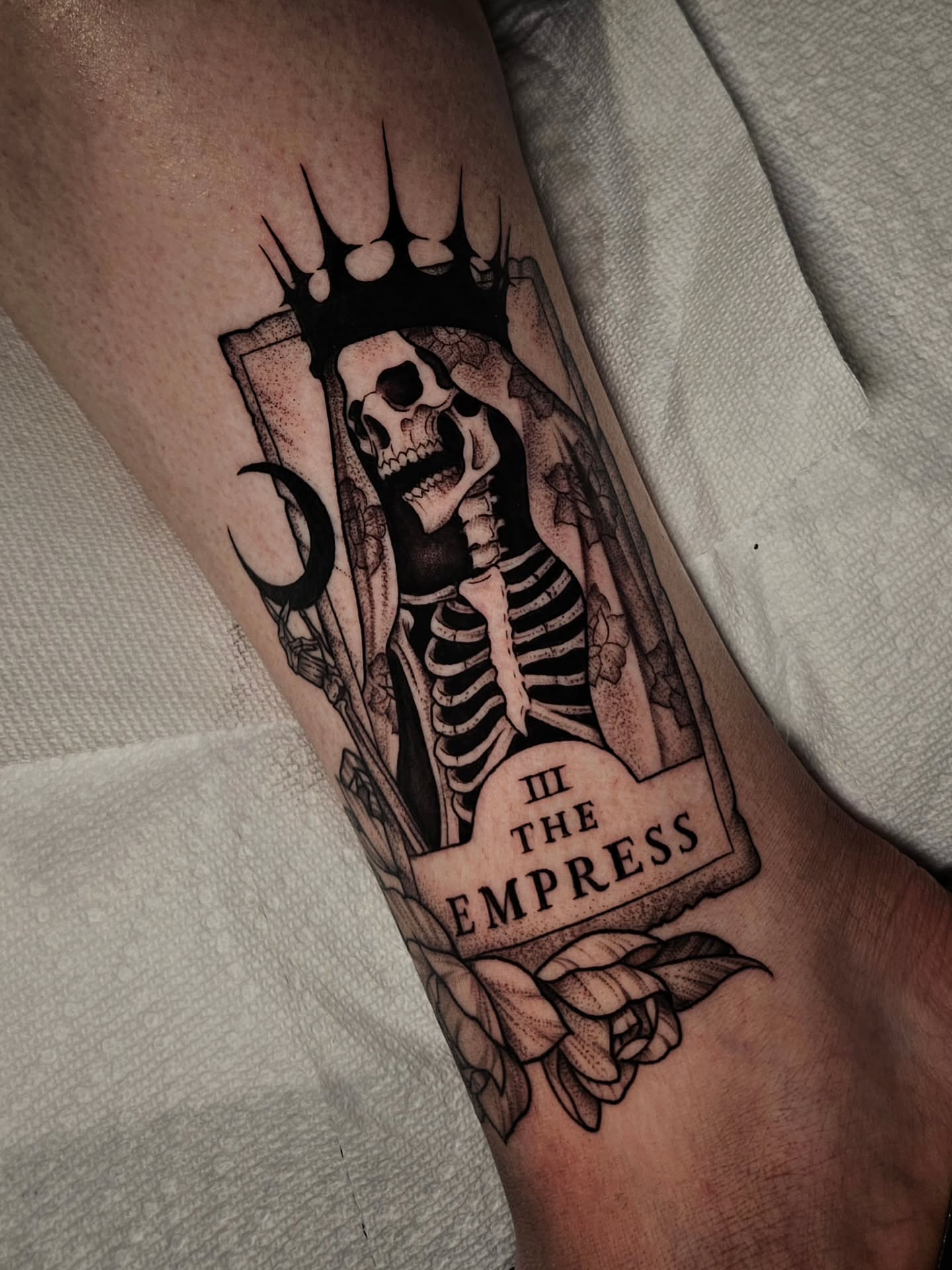 The empress tarot card dark realism tattoo on the forearm by Courtlyn Bliss