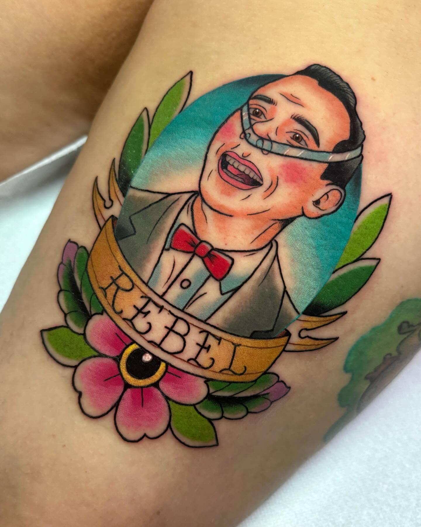Portrait of man American traditional tattoo on the forearm by 𝔎𝔦𝔯𝔞 𝔅𝔦𝔰𝔥𝔬𝔭