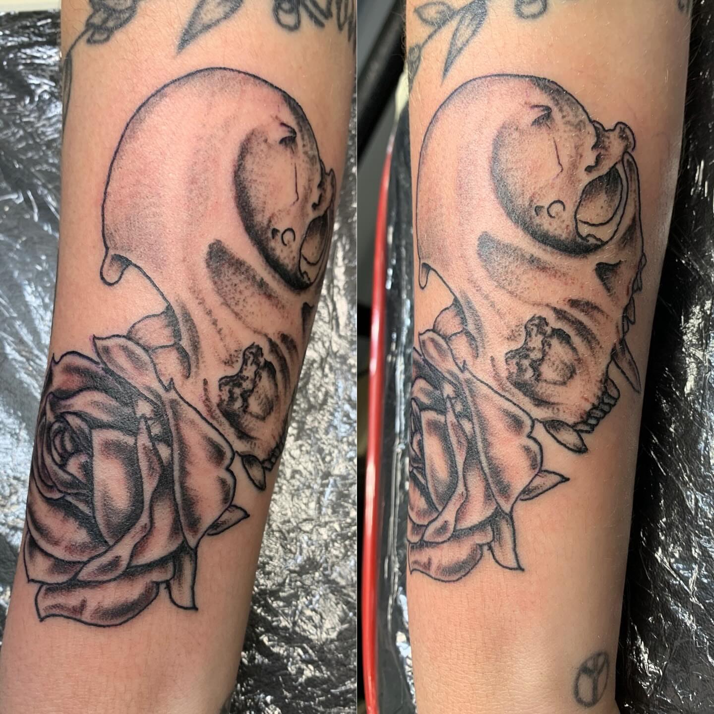 Skull and roses realism tattoo on the forearm by @goat76