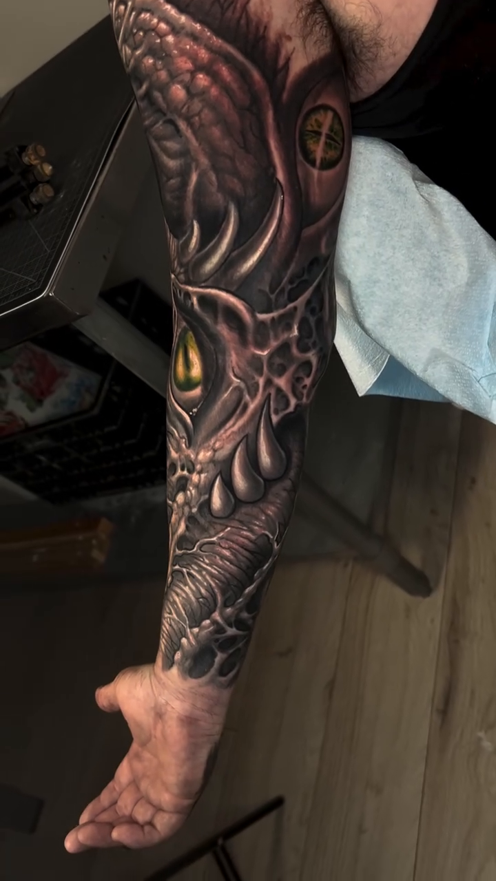 Biomechanical dragon sleeve realism tattoo by Ty McEwen Tattoo Artist │ Bioorganic │