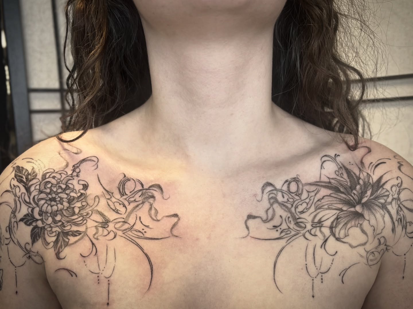 Floral arrangement black and grey tattoo on the chest by ★ Val! ★ Tattoo Artist
