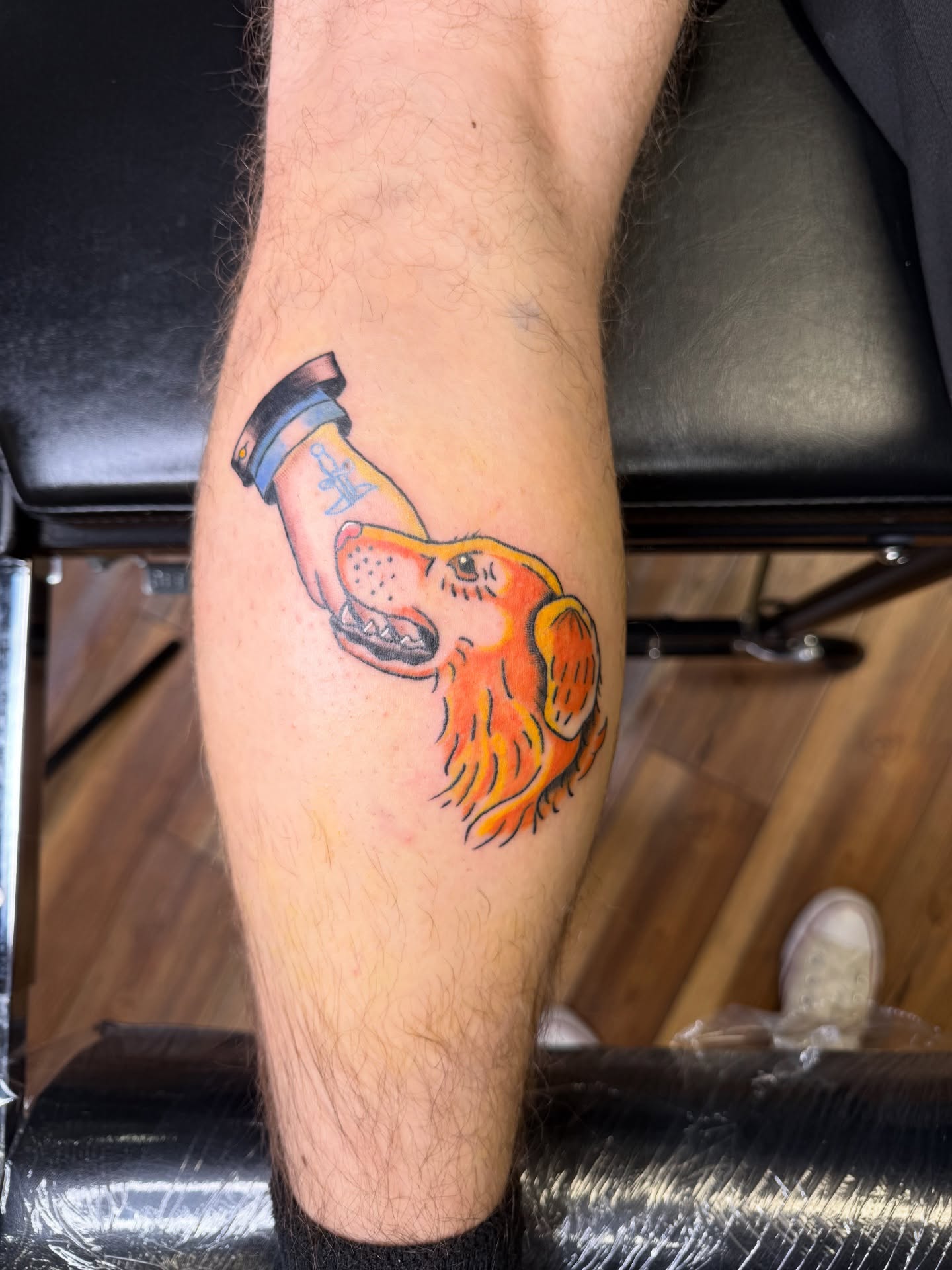Dog in bottle American traditional tattoo on the forearm by Palmer Andrist🩸Fort Collins Tattoo Apprentice