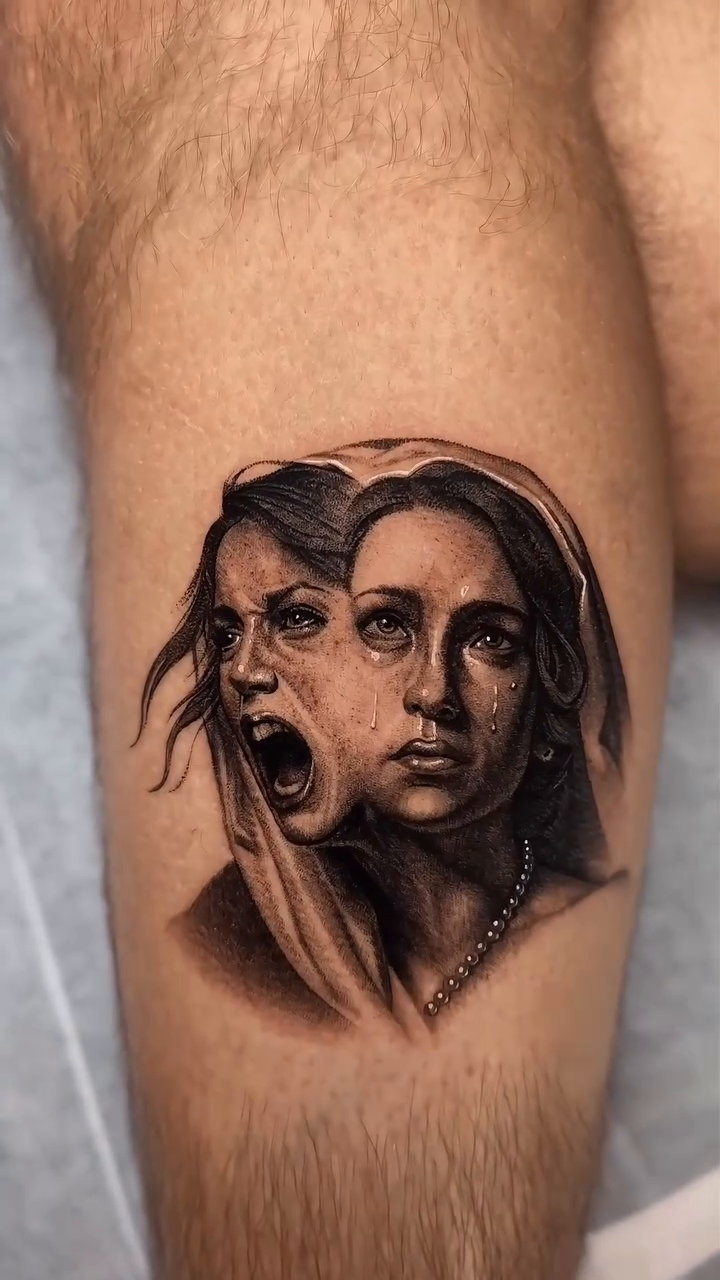 Two faces realism tattoo by Saru
