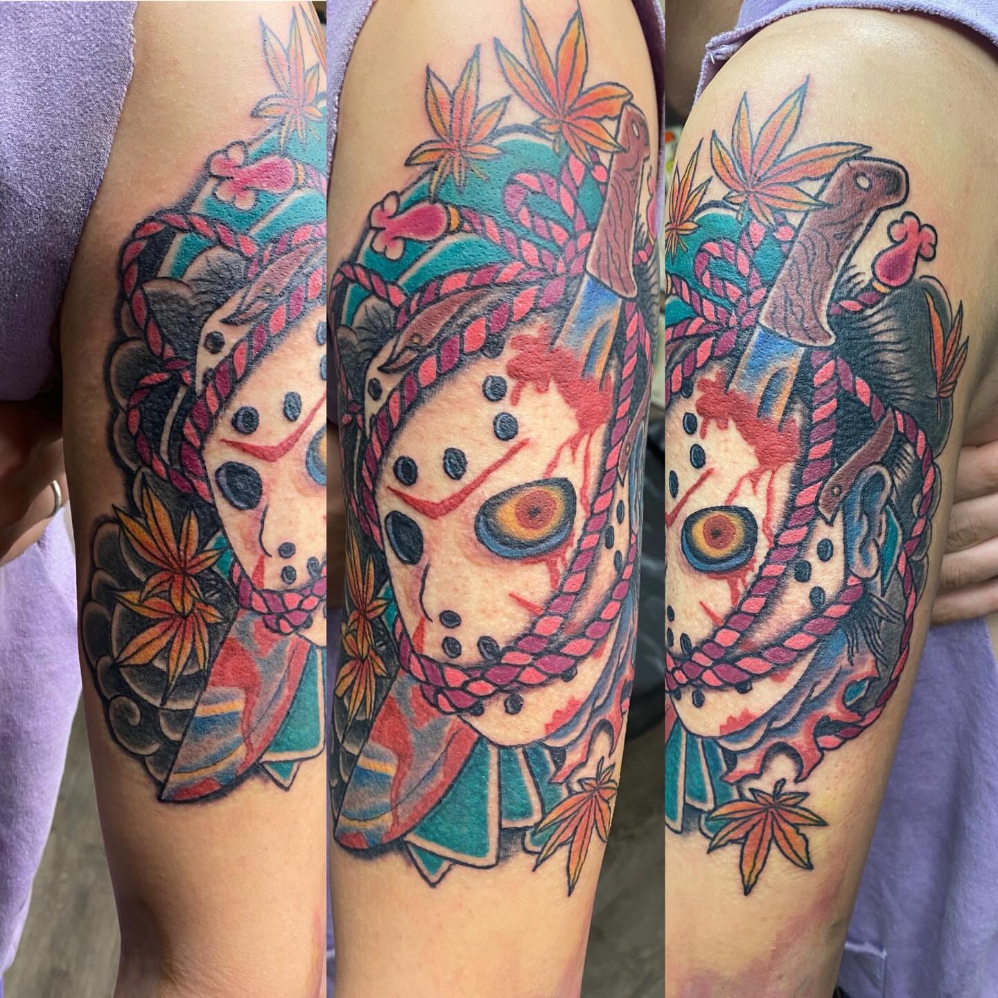 Japanese mask dotwork tattoo on the forearm by Las Vegas Tattoo Artist