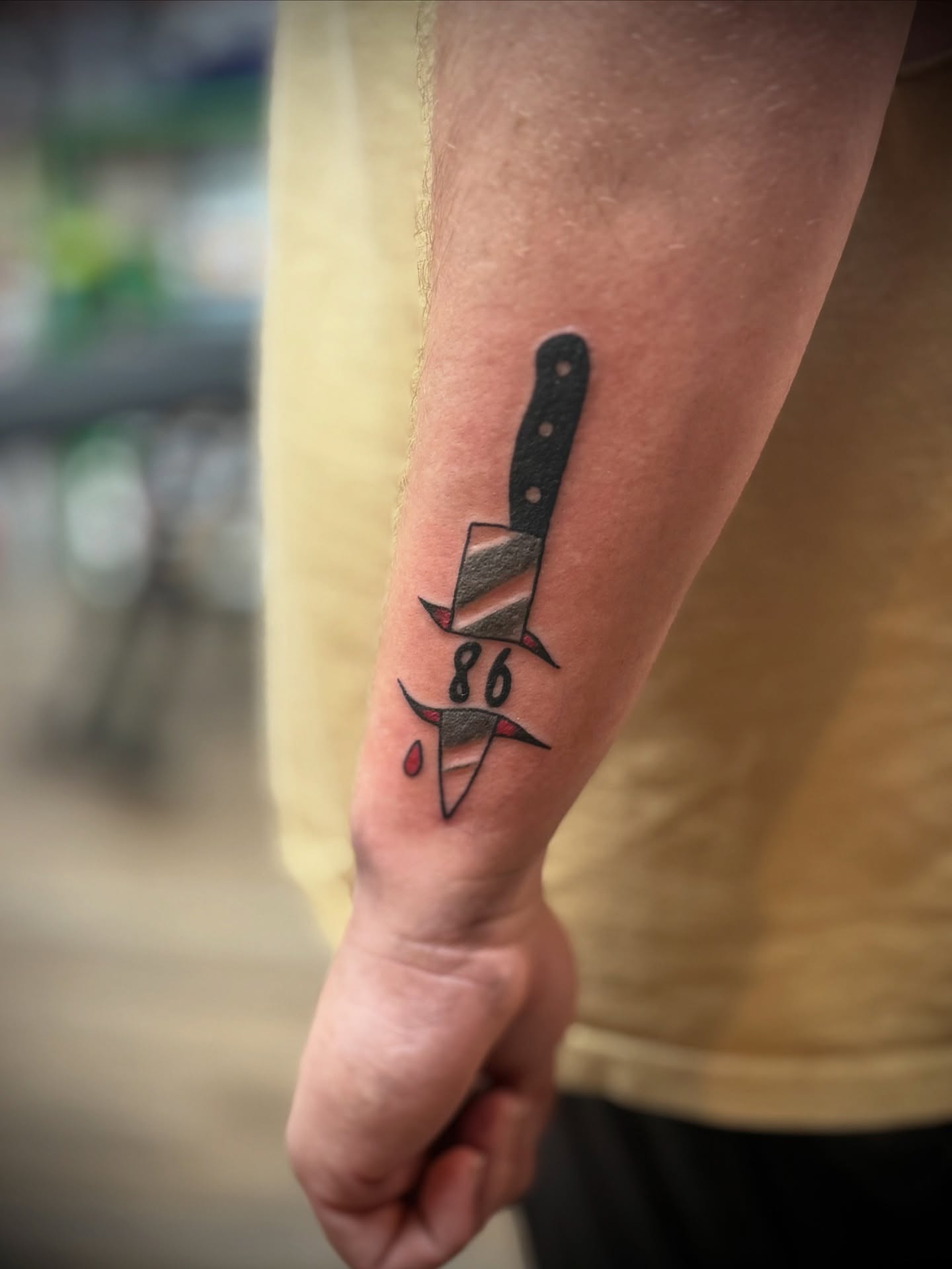 Knife black and grey tattoo on the forearm by Justin Bianchini - New Orleans Tattoo Artist