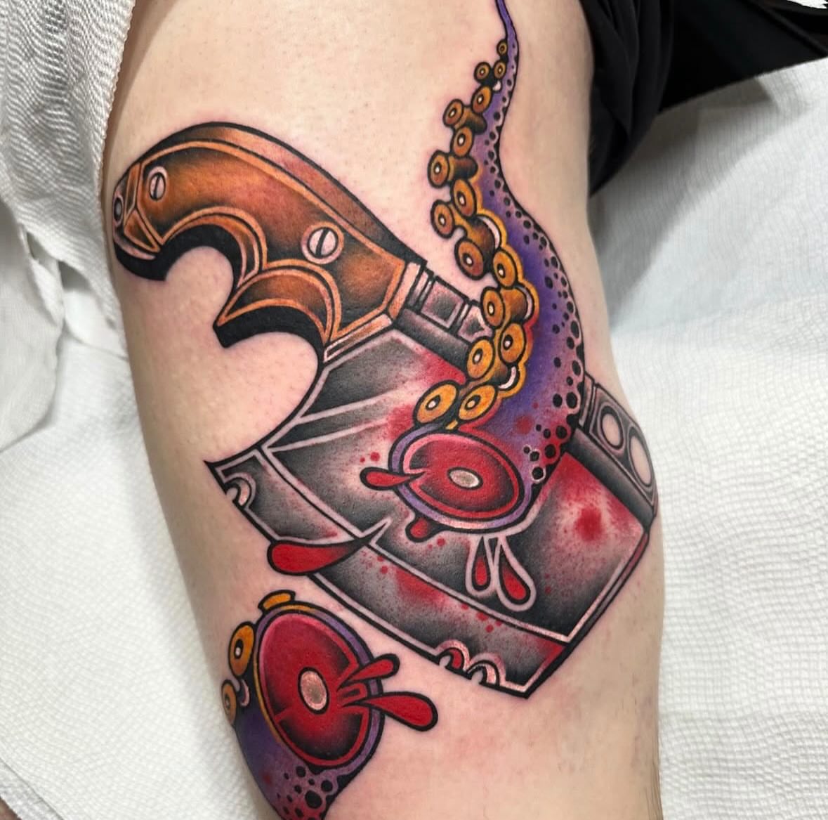 Mech octopus American traditional tattoo on the forearm by Mark Boller