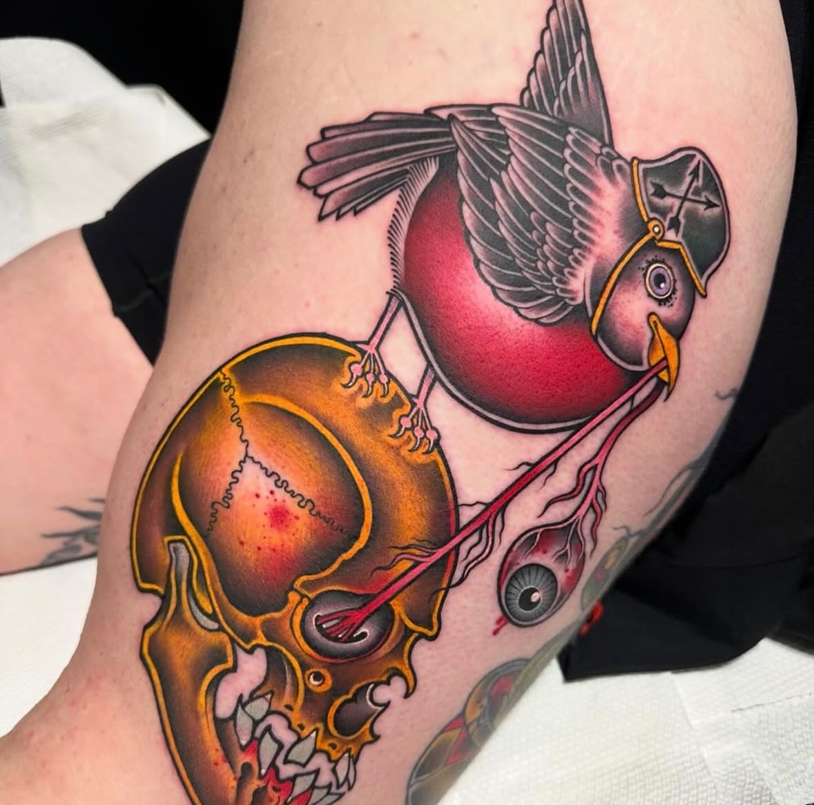 Bird and skull American traditional tattoo on the forearm by Mark Boller